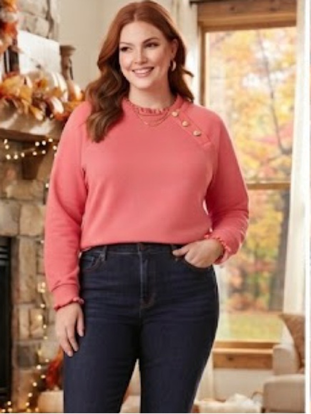 Talbot’s Pretty Coral Pink Ruffle-Cuff Gold Button Women’s Sweater